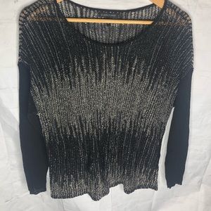 Eileen Fisher Womens Long Sleeve Open Knit Sweater Wool Linen Blend Black tan XS